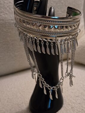 Silver Feather Fringe Cuff Bracelet